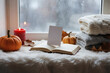 © FU - Window sill sweater candle blank board Festival Winter Decoration Snow frame photos greeting cards mockup photo E-commerce marketing poster Background shooting scene