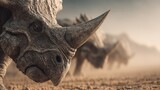 Ancient Giants: A Herd of Prehistoric Rhinos in a Dusty Landscape