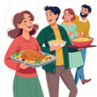 © Sadiya Digital - Vector art of a group of happy people celebrating thanksgiving with a delicious turkey dinner, sharing food and enjoying the holiday