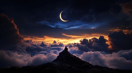 Wall Mural - realistic photograph a man sitting on a cloud in the night sky with clouds and crescent moon lighting the clouds
