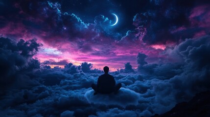Wall Mural - realistic photograph a man sitting on a cloud in the night sky with clouds and crescent moon lighting the clouds
