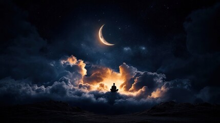 Wall Mural - realistic photograph a man sitting on a cloud in the night sky with clouds and crescent moon lighting the clouds
