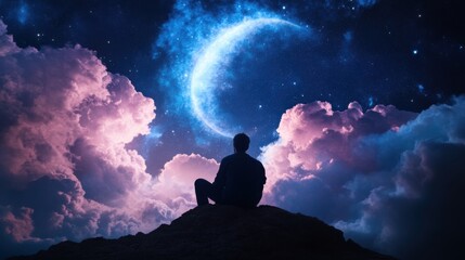 Wall Mural - realistic photograph a man sitting on a cloud in the night sky with clouds and crescent moon lighting the clouds
