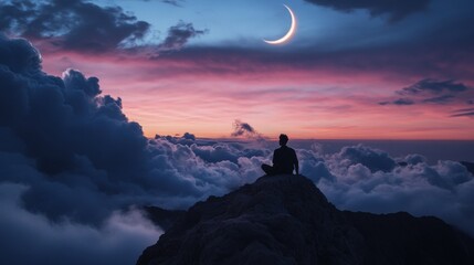 Wall Mural - realistic photograph a man sitting on a cloud in the night sky with clouds and crescent moon lighting the clouds
