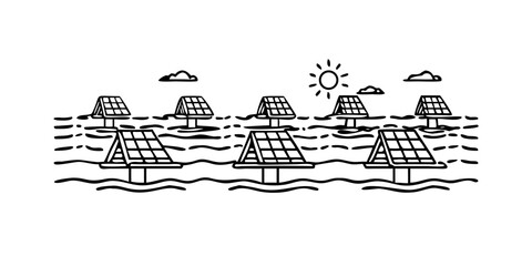 Wall Mural - Vector art of floating solar panel farm, renewable energy source