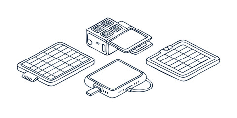 Wall Mural - Vector art of isometric view of portable solar panels and battery chargers