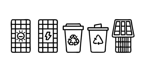 Wall Mural - Vector art of solar panels and recycle bins set, line art illustration isolated on white