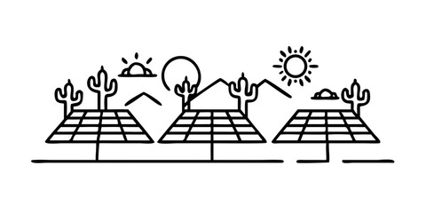 Wall Mural - Vector art of solar panels in desert landscape line art