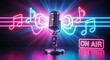 © Qureshi - Vintage microphone with neon music notes and an on air sign against a dark background illuminated with lights