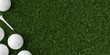 © Shawn Hempel - White golf balls with tee over green grass background with copy space top view flatl lay from above