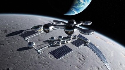 Wall Mural - Futuristic lunar base with space orbital station, domed structures and solar panels. Moon colonization. Earth visible in a dark sky. Sci-fi space colony concept,4K.