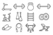 © jasmine - Fitness equipment outline icon set. Gym workout tools linear collection. Vector icons of treadmill, dumbbell, kettlebell, bike, barbell, jump rope, mat. Sport and exercise symbols.