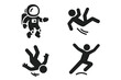 © jasmine - Gravity vector icon set. Solid glyph symbols of a floating astronaut in zero gravity, a person falling down, a man slipping, and a jumping figure. Human physics pictograms.