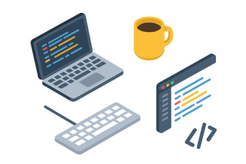 Coding and programming isometric icon set. Software and web development concept. Vector elements of developer tools: laptop with code, keyboard, IDE window and a cup of coffee.