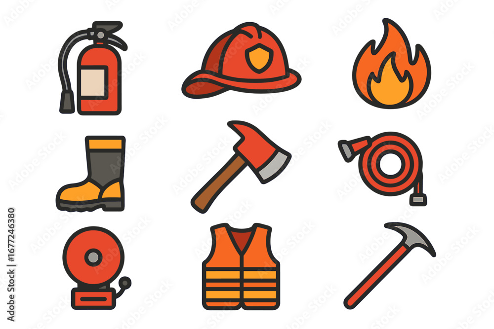 Firefighter equipment and emergency response icon set. Vector ...