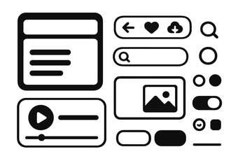 UI UX kit with user interface elements for website and mobile application design. Web design components, wireframe template, icons, buttons, search bar. App development graphics.
