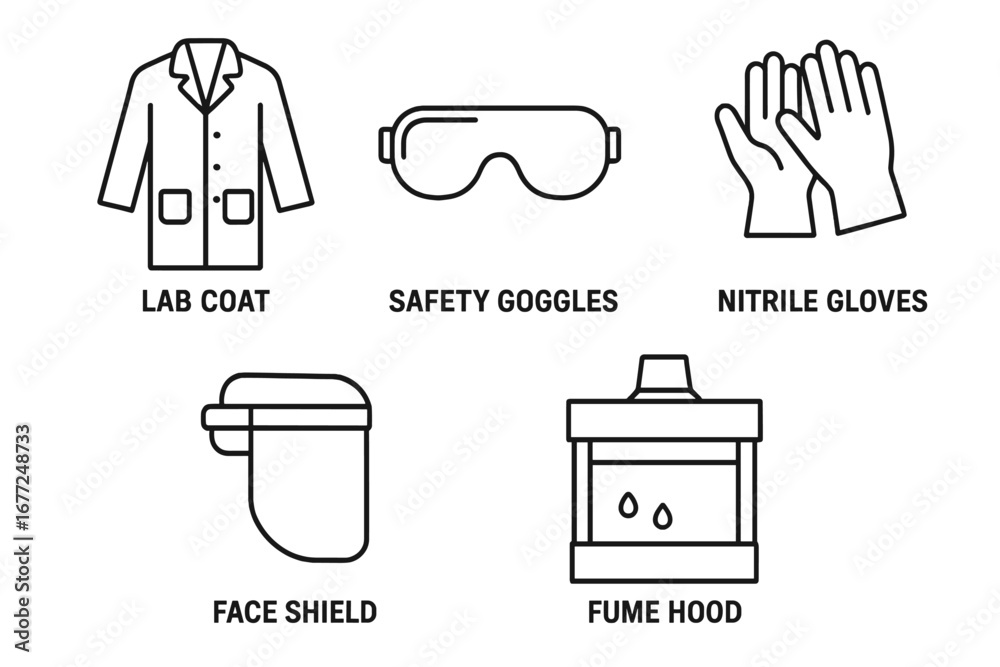 Lab safety personal protective equipment icon set. Laboratory gear line ...