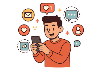 Young man using smartphone for social media. Digital communication concept. Person with mobile app for chatting, liking, sharing content. Online interaction vector illustration.