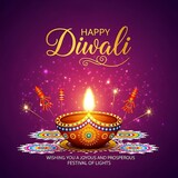 Happy diwali celebration with a glowing diya lamp, fireworks, and rangoli design on a purple background, wishing you a joyous and prosperous festival of lights
