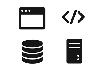 Web icons grid solid filled set illustrating website functionality with browser window, coding brackets, database symbol, and server tower in vector format on transparent background