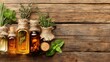 © Kai - Herbal oil bottles display rustic wood background product photography natural lifestyle close-up view aromatherapy benefits