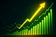 © mamnur - Glowing yellow arrow pointing upwards on a green bar graph showing financial growth and success