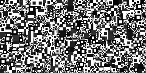 A black and white code pattern shows a complex and abstract system made of various squares. The chaotic data background looks like a scrambled texture block.