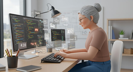 The Senior Programmer: An elegant senior coder, her eyes locked on a monitor displaying intricate lines of code, signifying a deep commitment to her digital craft.