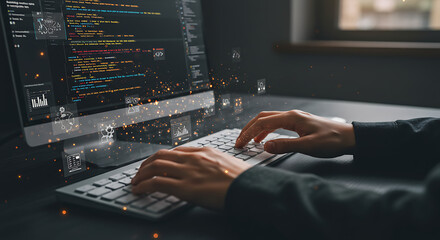 coding interface: a programmer's hands poised over a keyboard, illuminating a monitor displaying int