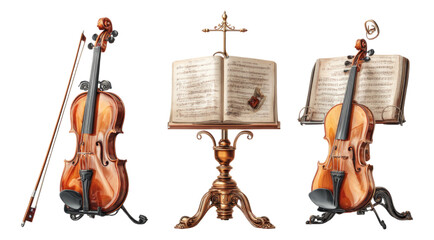 Wall Mural - Classic Violin with Sheet Music and Stand on Transparent Background