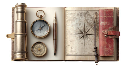 Wall Mural - Vintage Compass and Leather-Bound Book on Antique Map