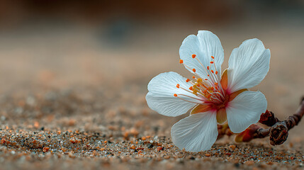 macro close up of delicate flower blooming on sandy ground with soft background natural outdoor environment spring blossom wild flora and fragile botanical beauty scene