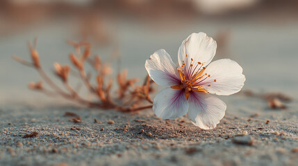 macro close up of delicate flower blooming on sandy ground with soft background natural outdoor environment spring blossom wild flora and fragile botanical beauty scene