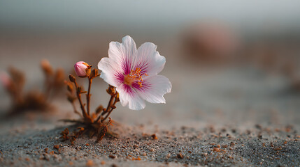 macro close up of delicate flower blooming on sandy ground with soft background natural outdoor environment spring blossom wild flora and fragile botanical beauty scene