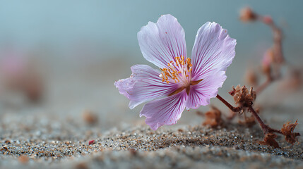 macro close up of delicate flower blooming on sandy ground with soft background natural outdoor environment spring blossom wild flora and fragile botanical beauty scene