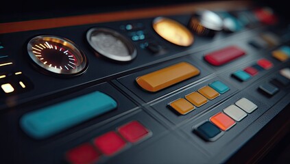 Close-up of a futuristic control panel with various buttons and lights.