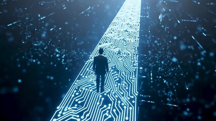 Man walking on glowing digital circuit board path in futuristic city