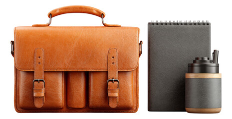 Wall Mural - Brown leather briefcase, notebook, and coffee cup on transparent background