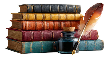 Wall Mural - Vintage Books and Ink Bottle with Feather Isolated on Transparent Background