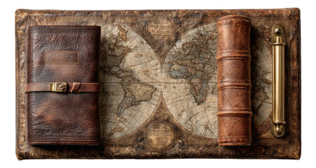 Wall Mural - Vintage Leather Journal with World Map on Antique Background