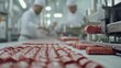 Man in factory with hot dogs on conveyor belt. Factory in the city of yevpatoria produces sausages in the month of december. Field filled with sausages with a machine. A man working lifestyle in a.