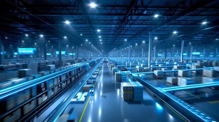 Wall Mural - A massive fully automated lights-out warehouse at night, showcasing robotic systems, industrial automation, and high-tech logistics