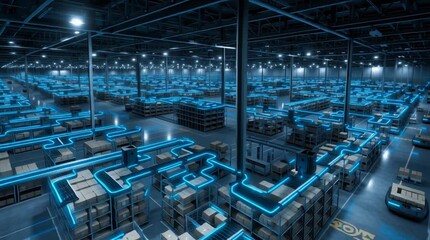 Wall Mural - A massive fully automated lights-out warehouse at night, showcasing robotic systems, industrial automation, and high-tech logistics