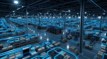 Wall Mural - A massive fully automated lights-out warehouse at night, showcasing robotic systems, industrial automation, and high-tech logistics