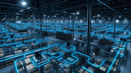 Wall Mural - A massive fully automated lights-out warehouse at night, showcasing robotic systems, industrial automation, and high-tech logistics