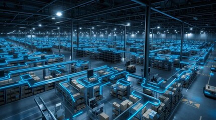 Wall Mural - A massive fully automated lights-out warehouse at night, showcasing robotic systems, industrial automation, and high-tech logistics
