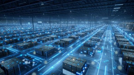Wall Mural - A massive fully automated lights-out warehouse at night, showcasing robotic systems, industrial automation, and high-tech logistics