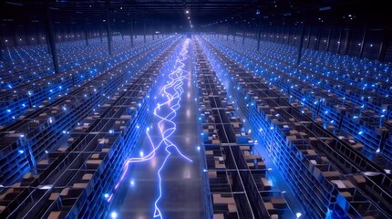 Wall Mural - A massive fully automated lights-out warehouse at night, showcasing robotic systems, industrial automation, and high-tech logistics