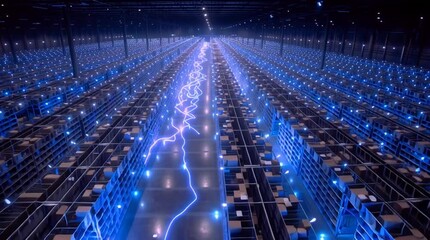 Wall Mural - A massive fully automated lights-out warehouse at night, showcasing robotic systems, industrial automation, and high-tech logistics