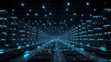 Wall Mural - A massive fully automated lights-out warehouse at night, showcasing robotic systems, industrial automation, and high-tech logistics